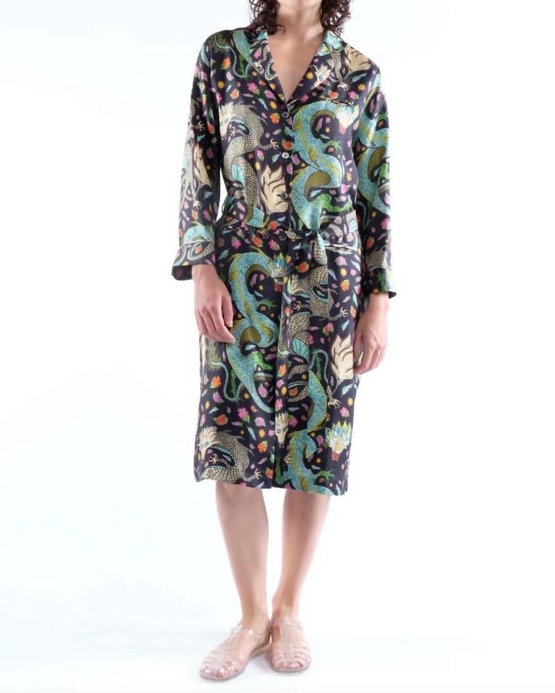 Front of a model wearing a size L Stanley Dress in Dragons Maroc Noir in Dragons Maroc Noir by LA PRESTIC OUISTON. | dia_product_style_image_id:339938